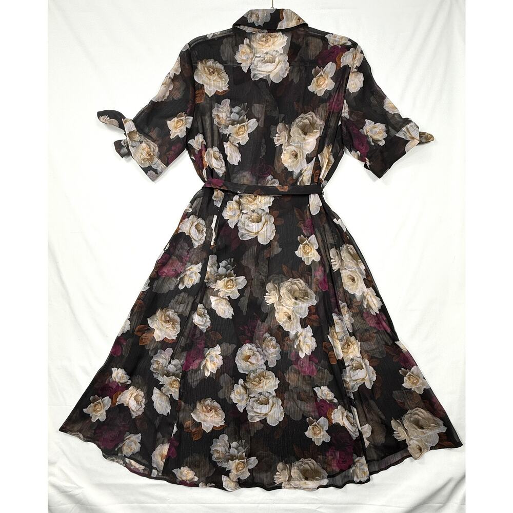 Calvin Klein women's black floral print dress sheer belted waist Sz 8 - Picture 8 of 12